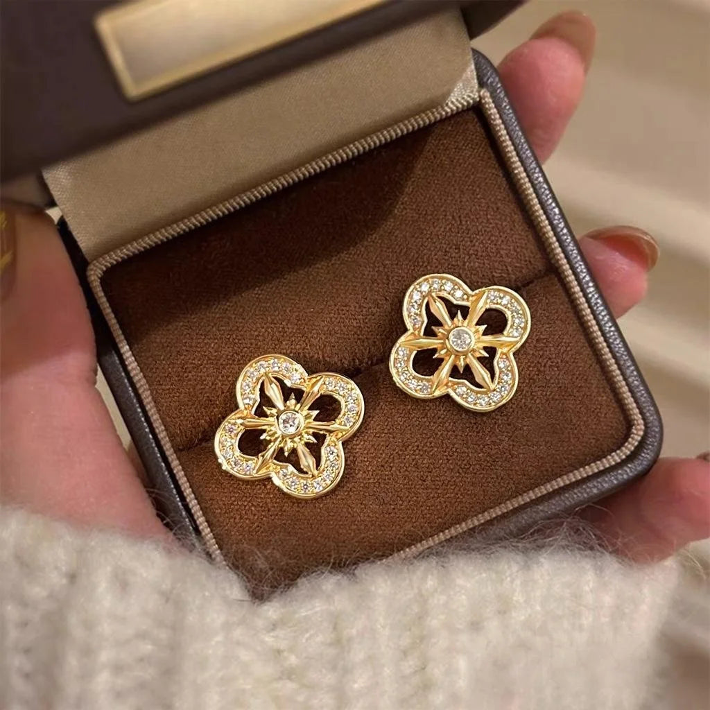 Light Luxury Floral Zircon Micro Pave Copper Stud Earrings For Women