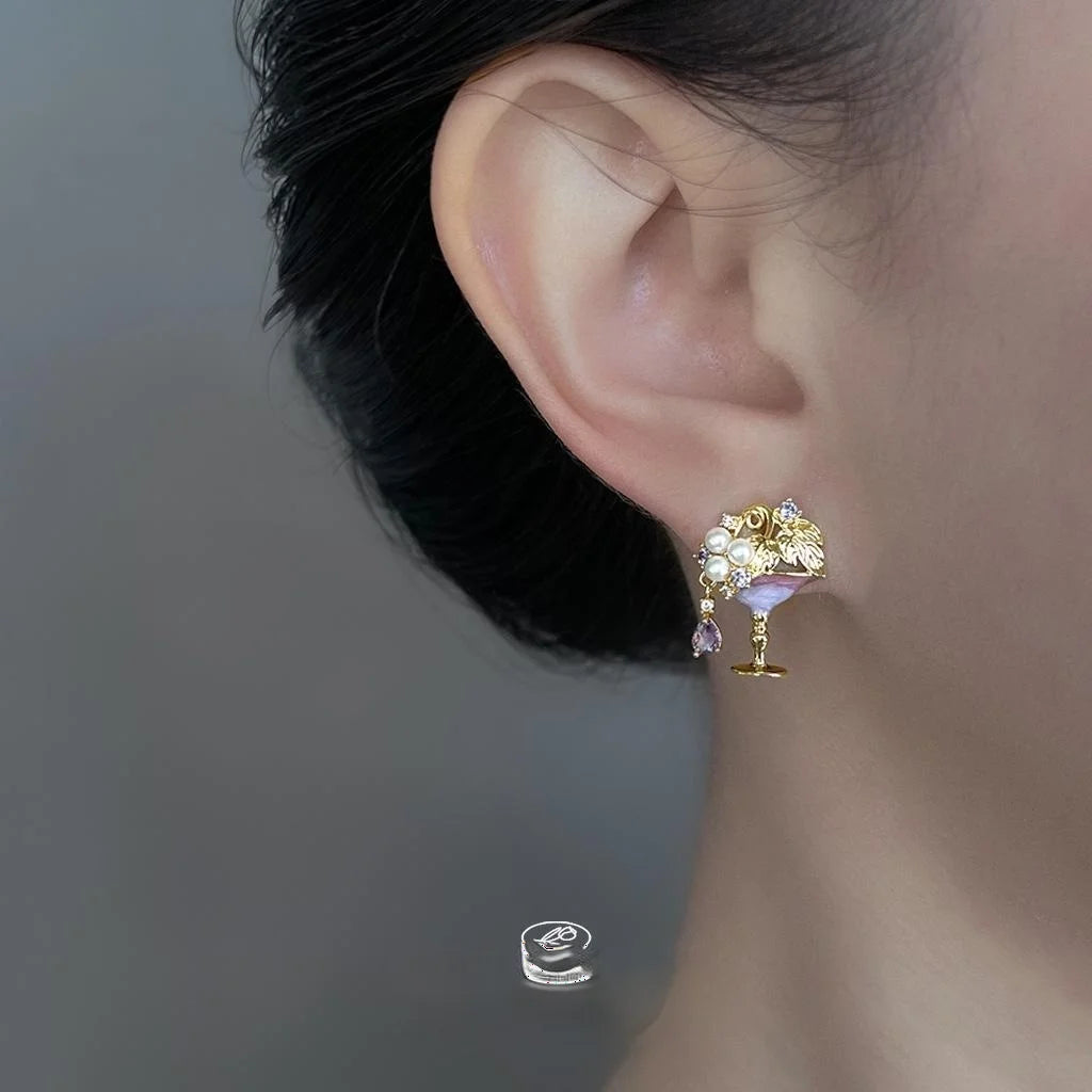Designer Wine Glass Micro Pave Zircon Copper Stud Earrings Sweet Chic Jewelry