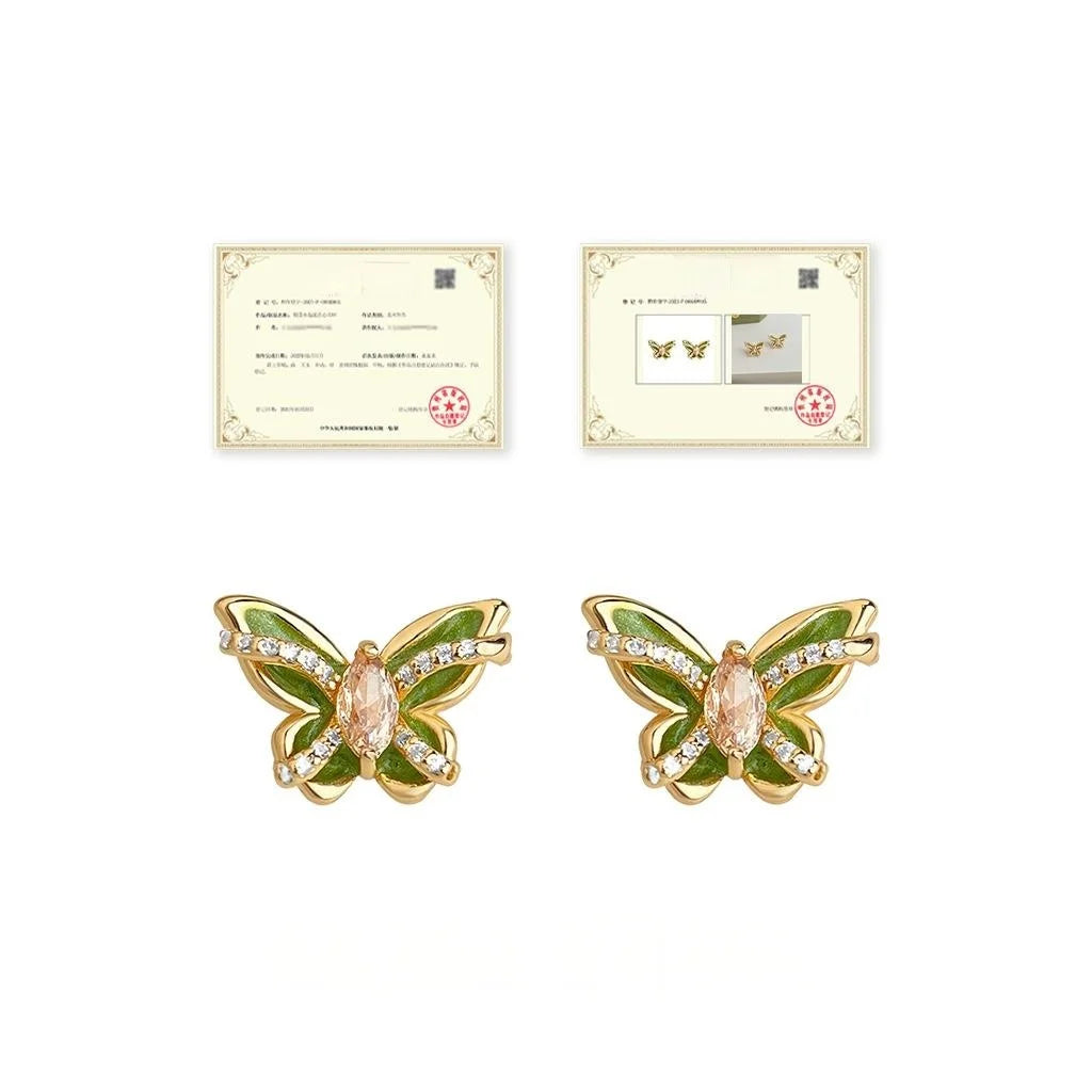 Original Design Copper Zircon Enamel Butterfly Stud Earrings, Sweet Pastoral Silver Plated Jewelry
