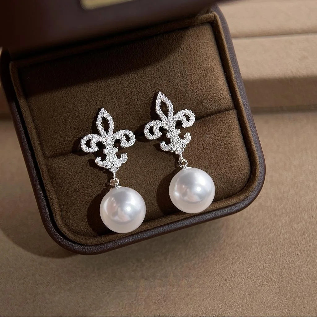 Light Luxury Iris Flower Copper Glass Pearl Micro Pave Zircon Geometric Drop Earrings