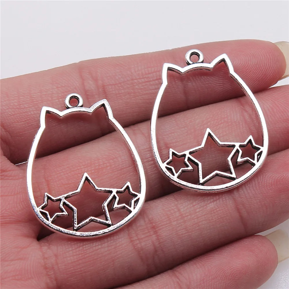 27x34mm 2.7g Antique Silver Zinc Alloy Cat Head with Hollow Five-Point Star Charm Pendant for DIY Jewelry