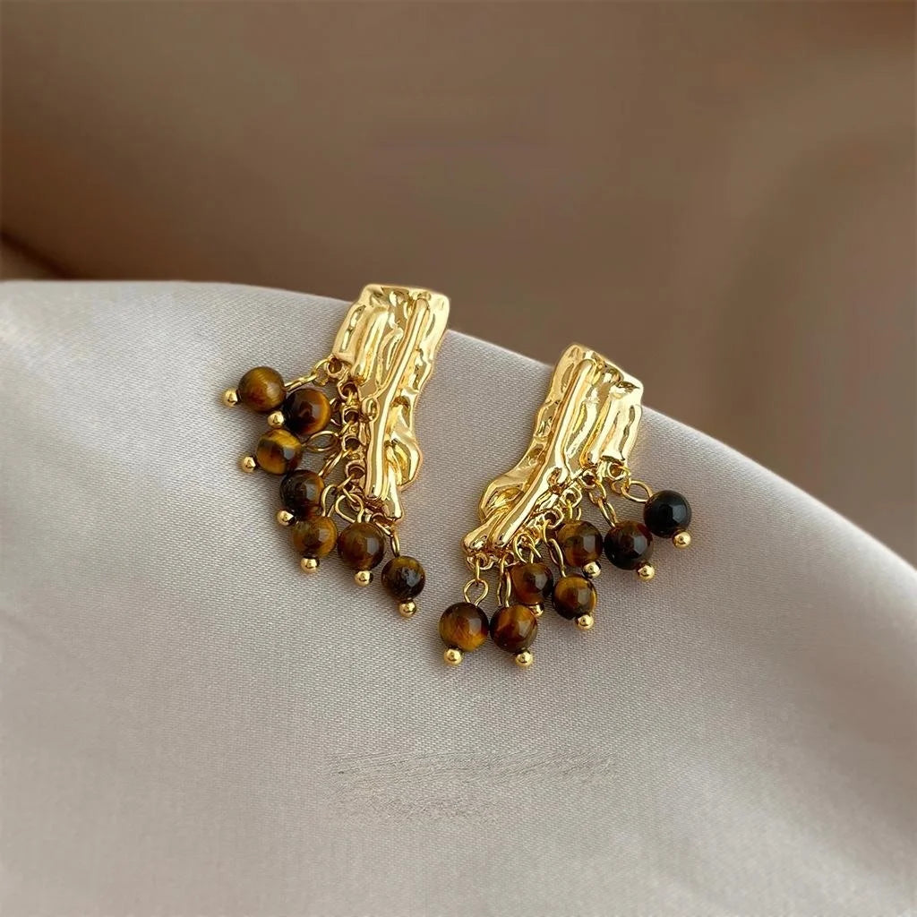 Maillard Style Vintage Natural Tiger Eye Stone Geometric Tassel Drop Earrings