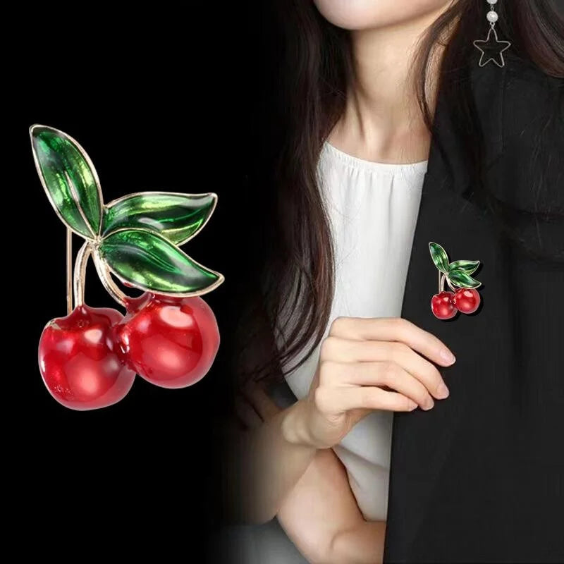 Cute Enamel Cherry Fruit Brooch With Glossy Green Leaves, Luxury Lapel Pin Corsage For Sweater Suit Gift
