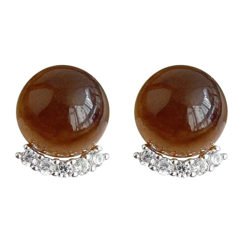 Maillard Style Tiger Eye Stone Stud Earrings With Zircon Micro Pave Round Geometric French Jewelry