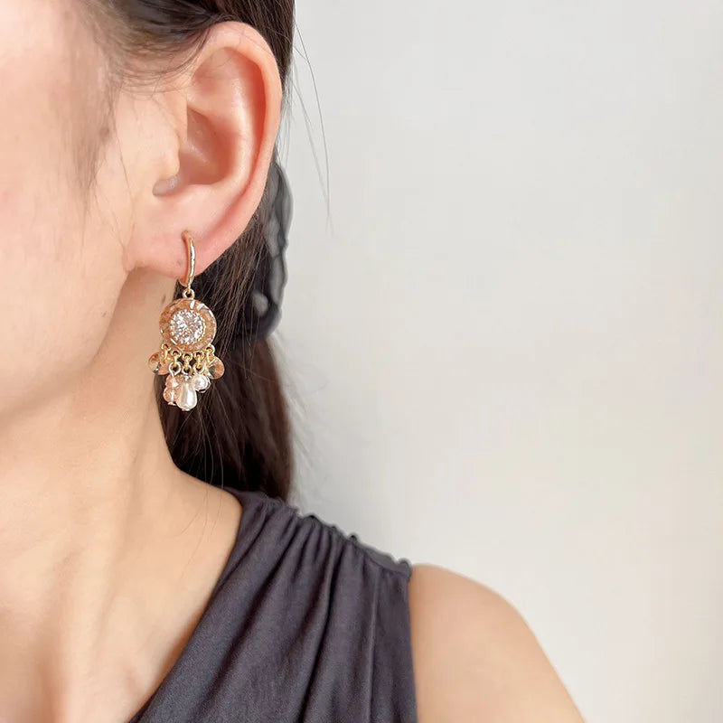 Vintage Spiral Disc Crystal Pearl Tassel Stud & Clip On No Piercing Luxury Alloy Drop Earrings