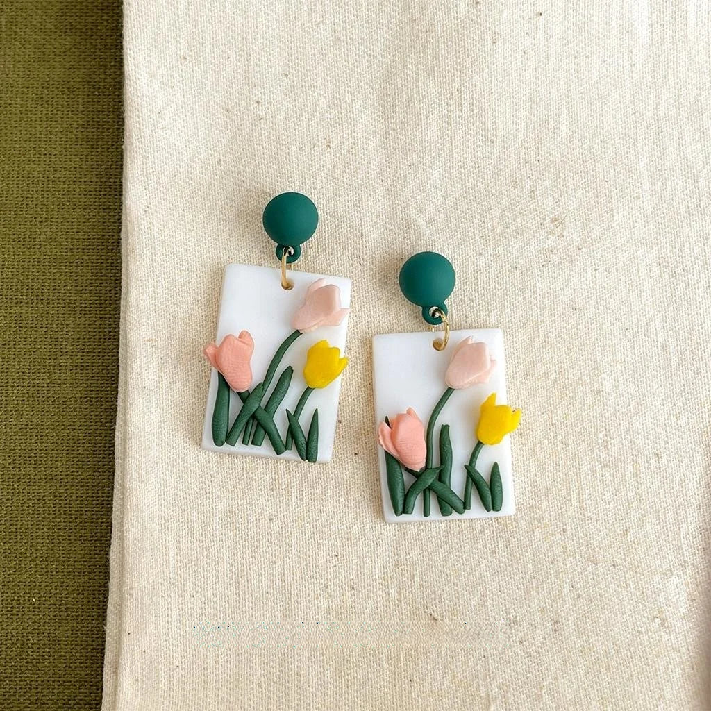 Handmade Polymer Clay Tulip Flower Drop Earrings Forest Style Sweet Floral Designer Jewelry
