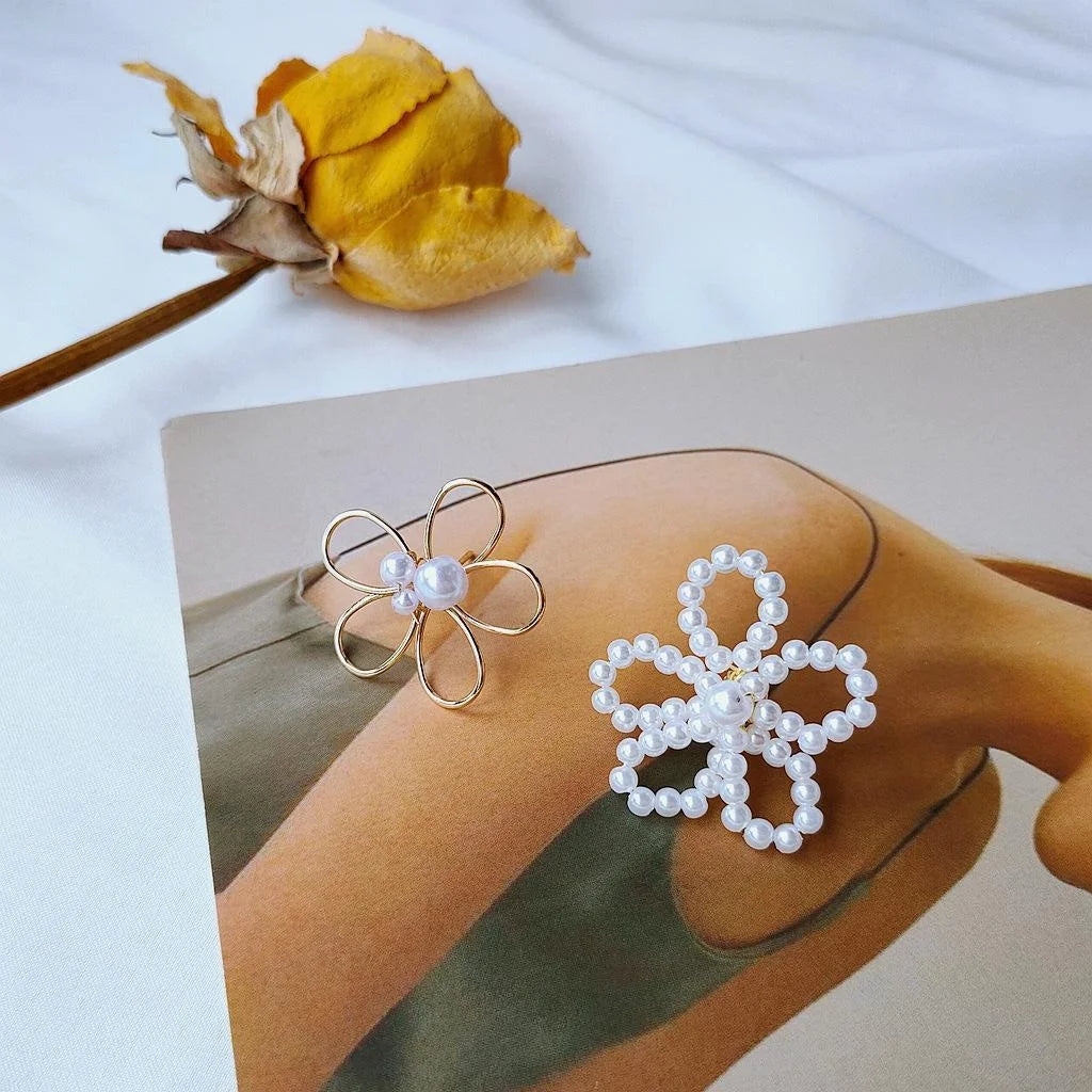 14K Gold Plated Handmade Asymmetrical Flower Pearl Resin Stud Earrings