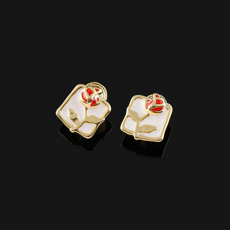 Elegant Enamel Red Rose Square Alloy Flower Stud & Clip On No Piercing Women's Fashion Earrings