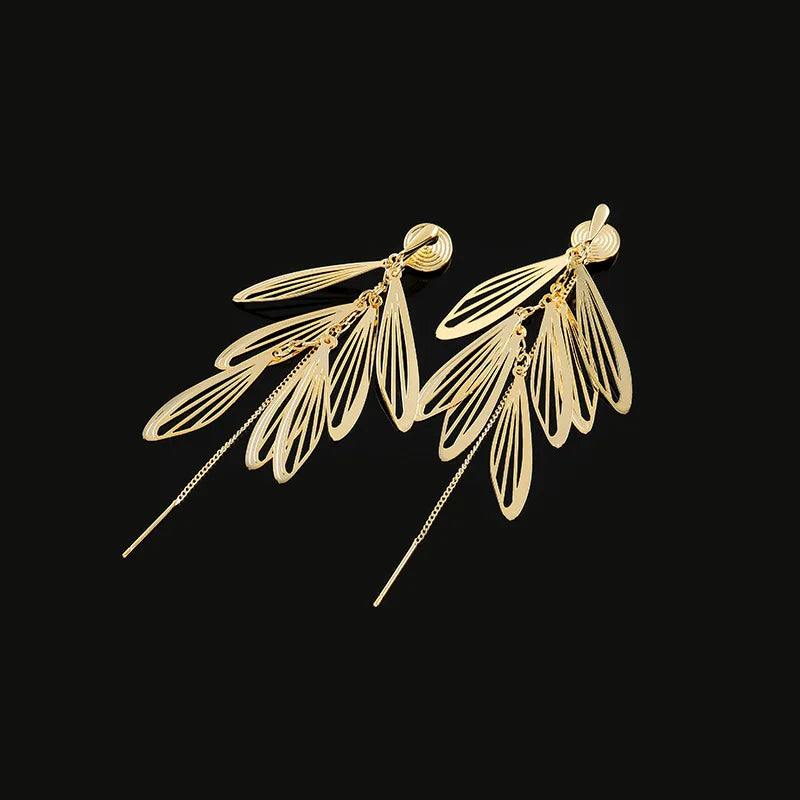 Elegant Gold Alloy Hollow Leaf Tassel Ear Thread Stud & Clip On No Piercing Long Drop Earrings