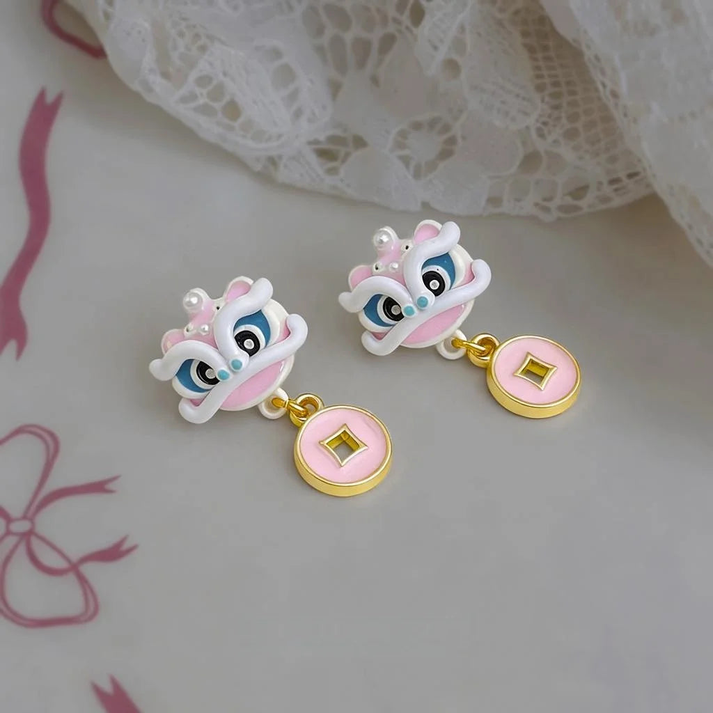 Pink Enamel Lion Dance Drop Earrings, Copper Sweet Girl Animal Jewelry
