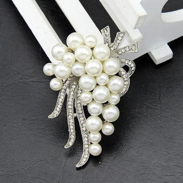 Elegant White Pearl Flower Bouquet Brooch With Rhinestone Alloy Branches, Luxury Lapel Pin Gift