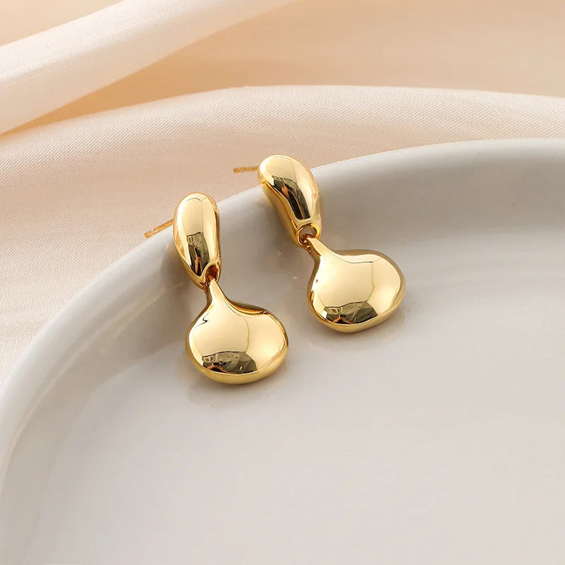Elegant Gold Alloy Smooth Bean Drop Pendant Stud & Clip On No Piercing Minimalist Dangle Earrings