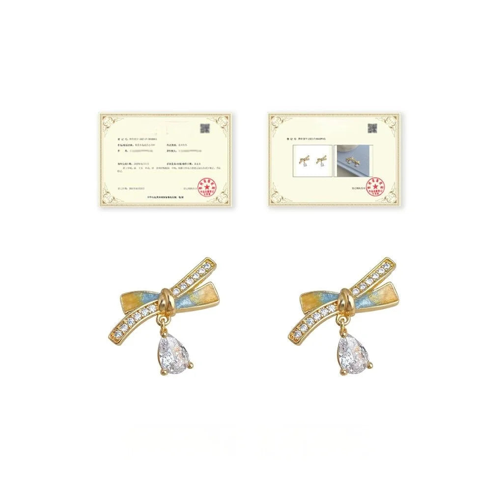 Cream Sweet Style Bow Stud Earrings 14K Plated Copper Zircon Micro Pave Enamel For Women