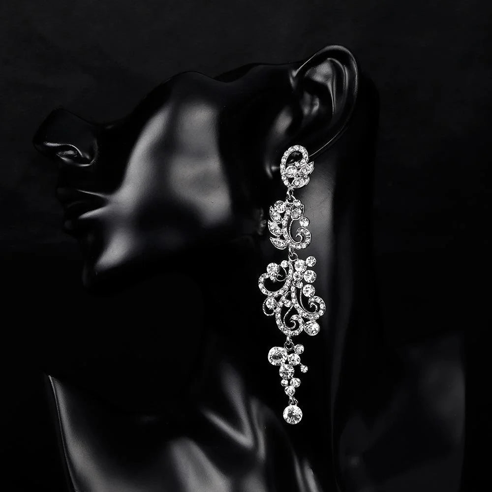 Luxury Rhinestone Crystal Long Chandelier Earrings, Elegant Silver Floral Scroll Dangle Jewelry For Wedding Party