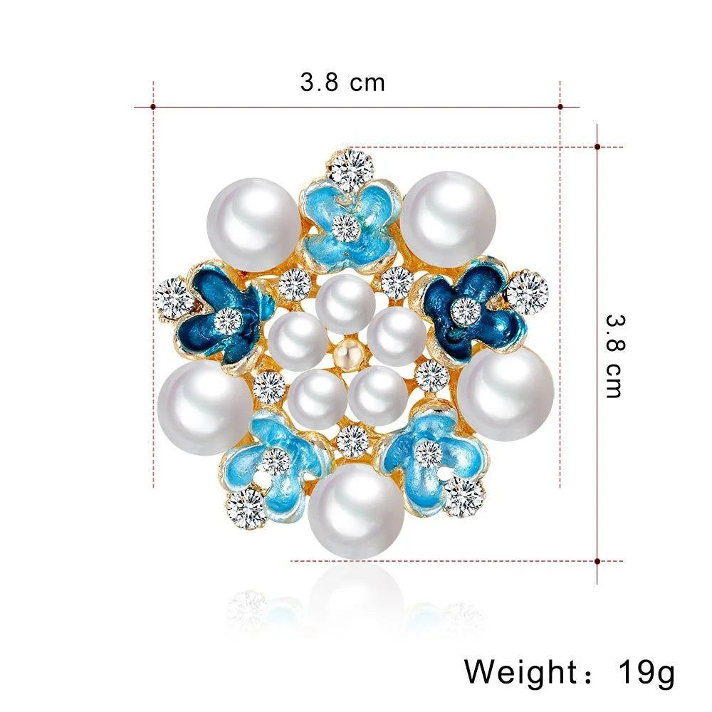 Elegant Blue Enamel Flower Brooch With Pearls And Rhinestones, Alloy Floral Lapel Pin Corsage Gift