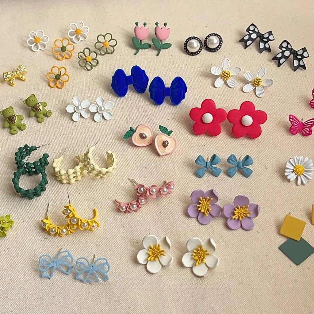 Cute Korean Enamel Copper Flower Stud Earrings With Silver Plated Posts For Women