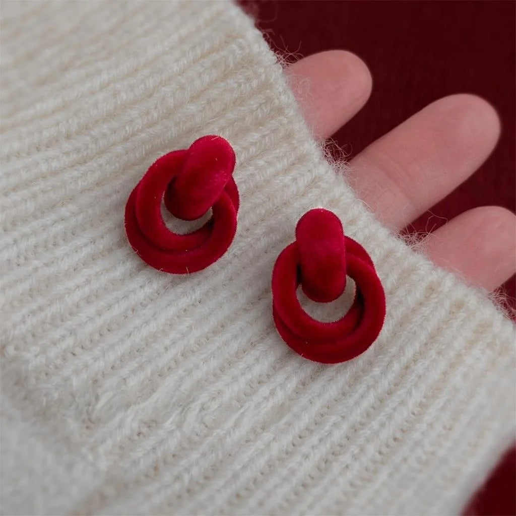 Burgundy Flocked Geometric Rope Knot Stud Earrings With Silver Plated Pins For Women