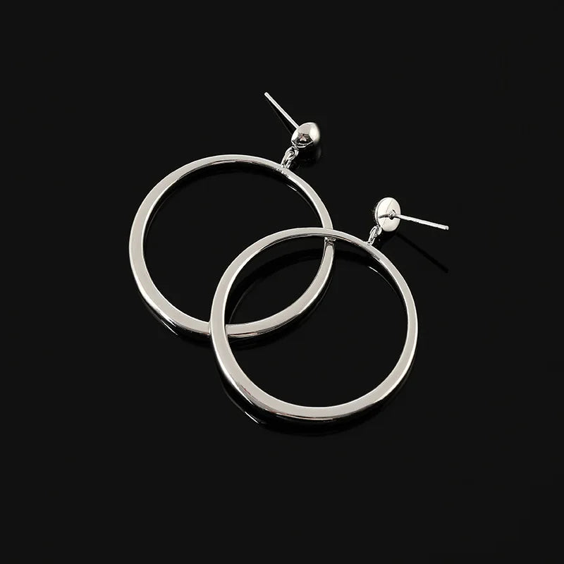 Elegant Silver Alloy Large Circle Hoop Stud & Clip On No Piercing Minimalist Long Dangle Earrings