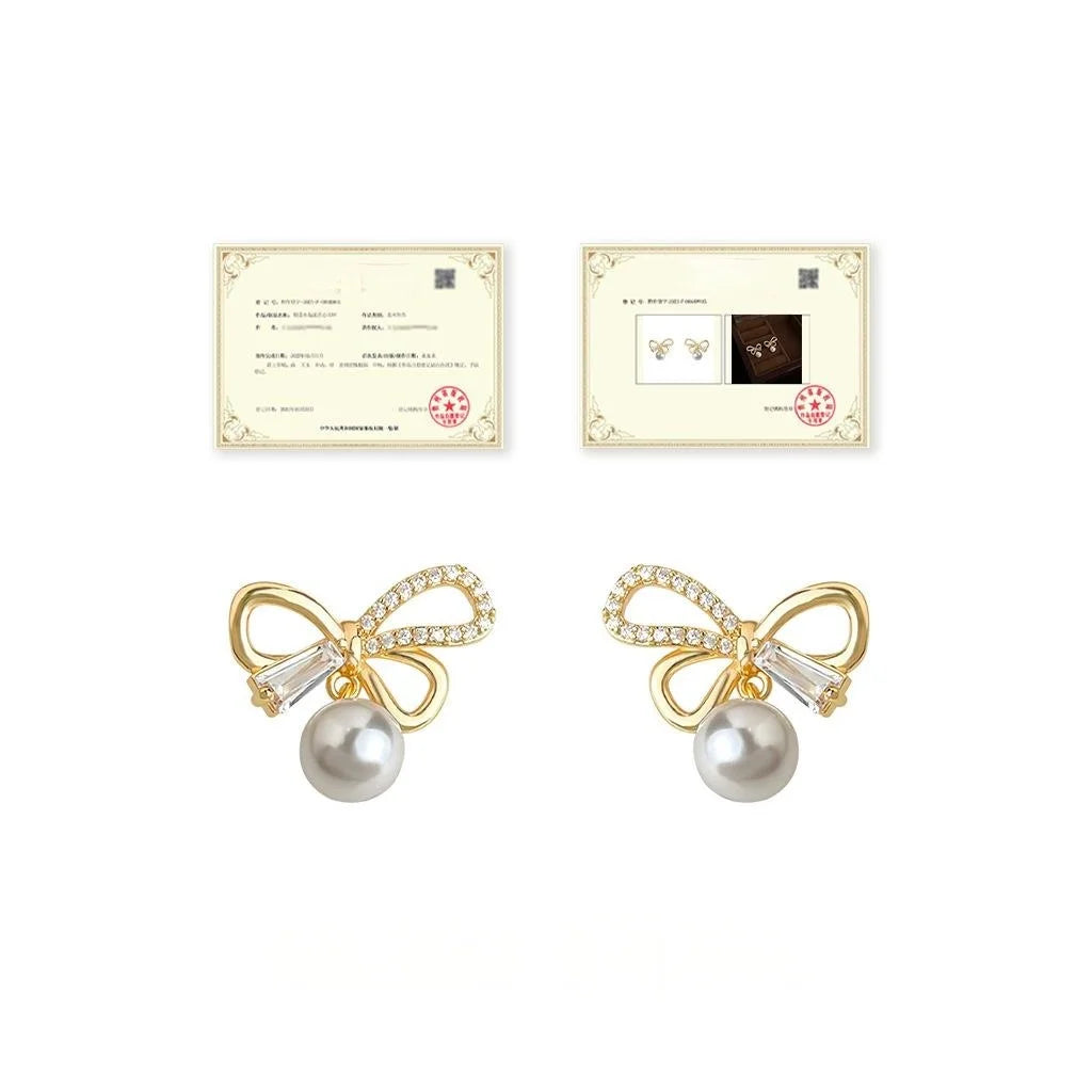 14K Plated Copper Bow Stud Earrings With Micro Pave Zircon And High Luster Pearl