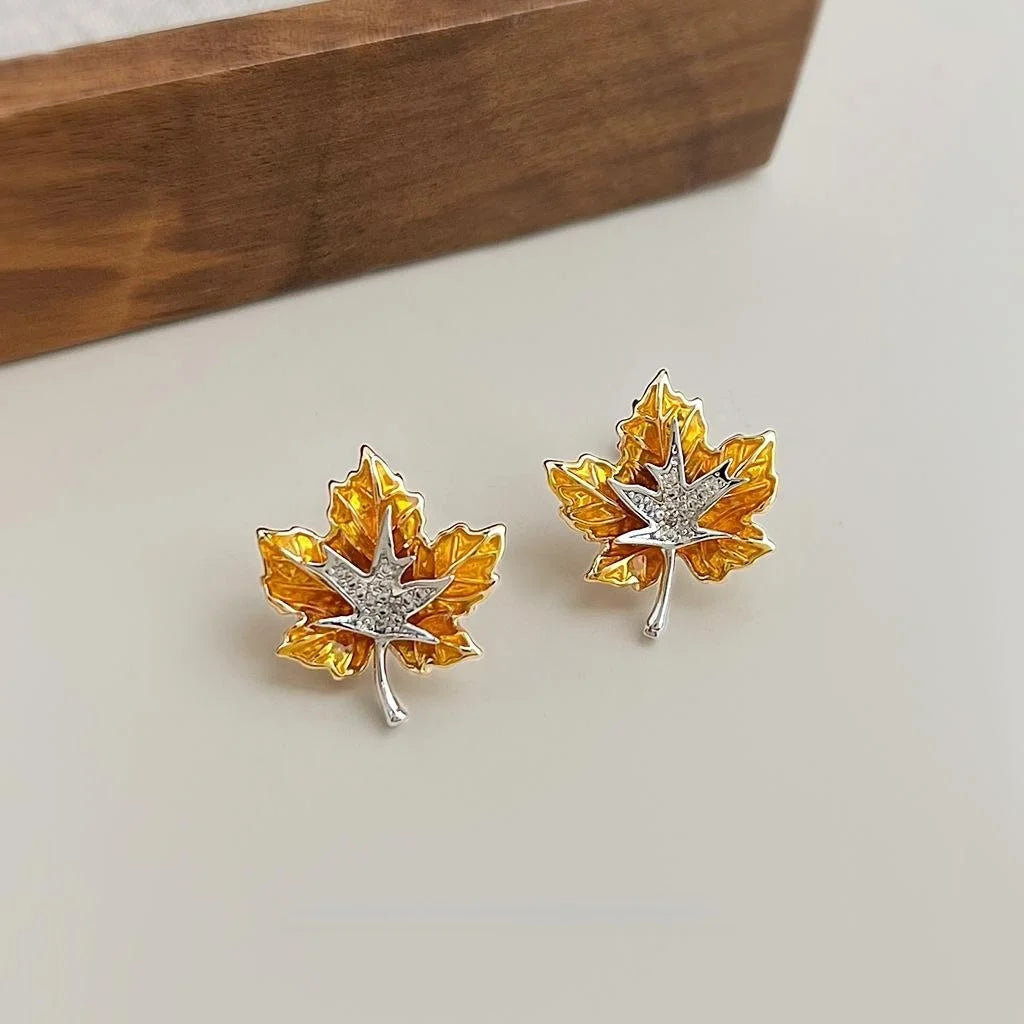 Elegant Two Tone Maple Leaf Enamel Zircon Copper Stud Earrings