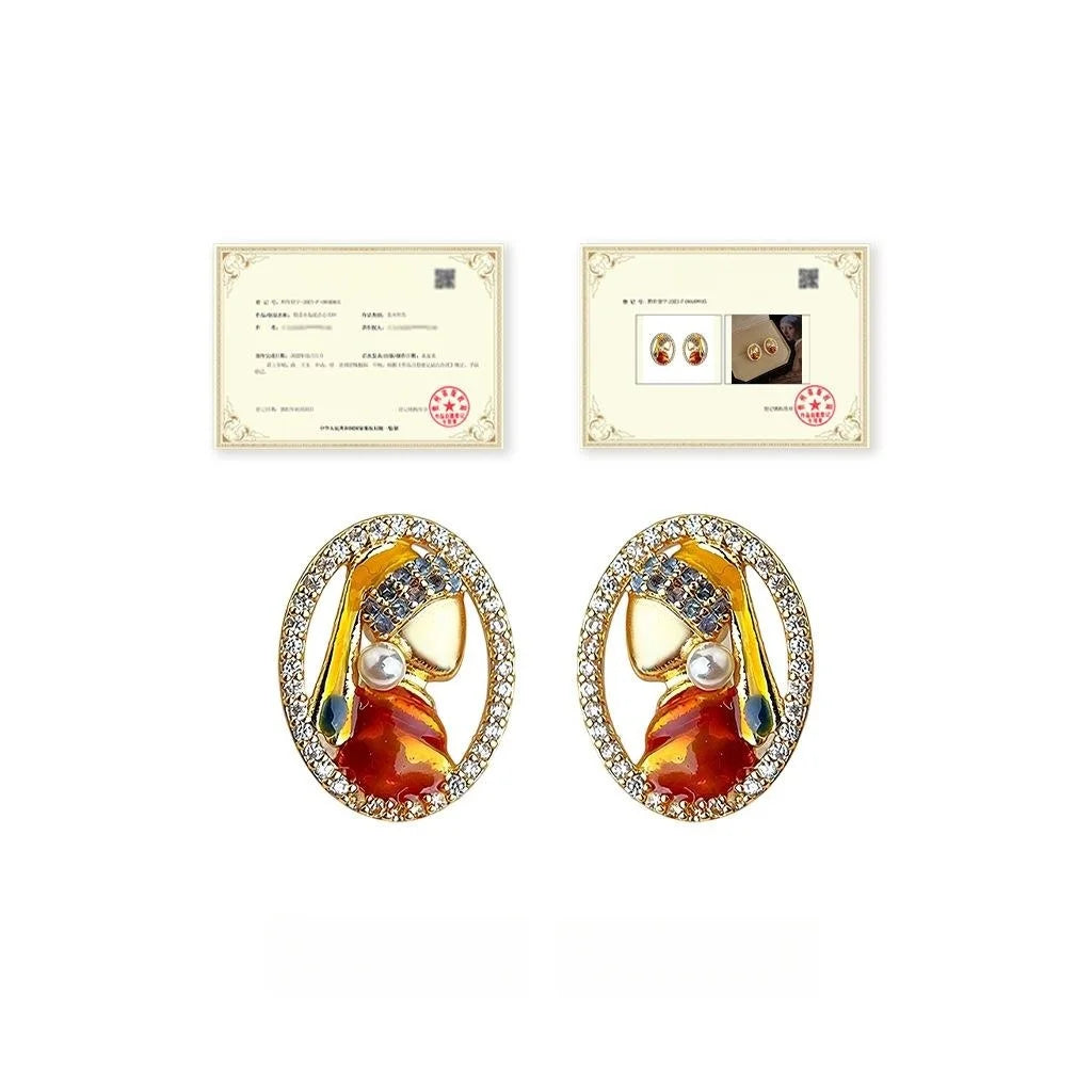 Maillard Style Pearl Girl Portrait Stud Earrings Copper Enamel Zircon