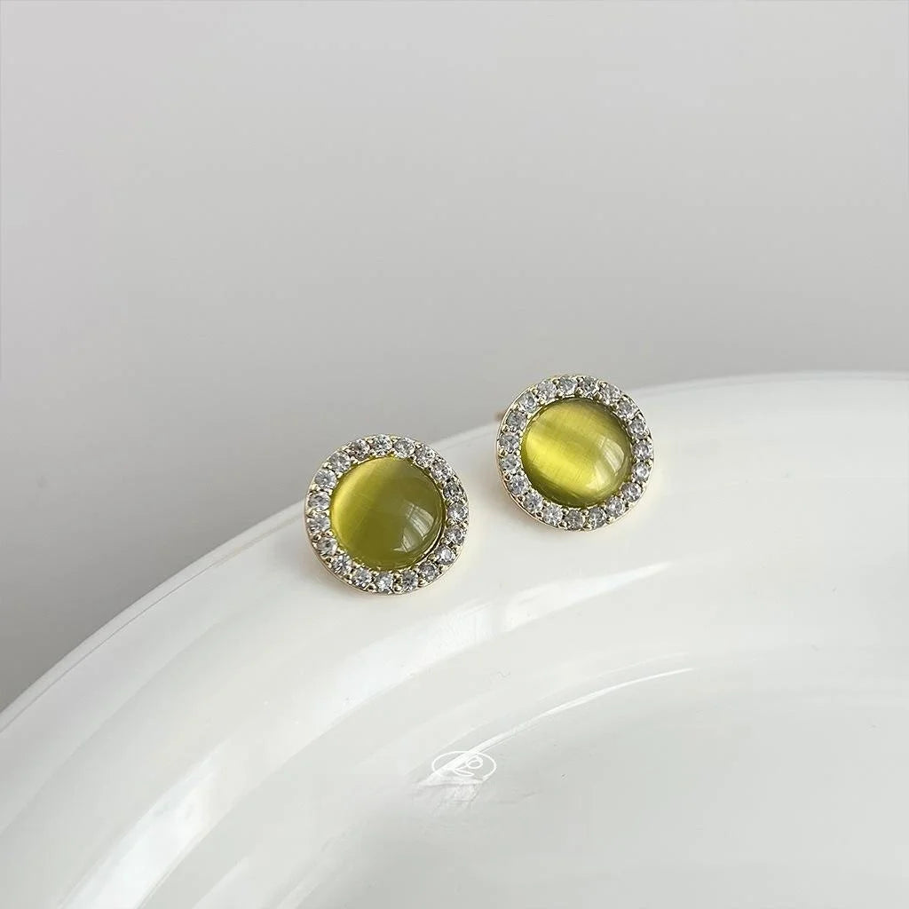 Light Luxury 14K Gold Plated Copper Round Green Cat Eye Glass Zircon Stud Earrings