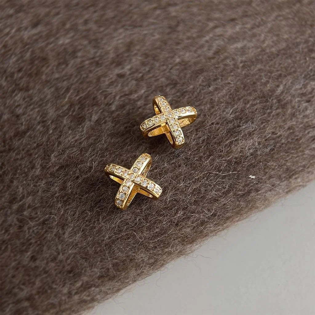 Copper Zircon Double Layer Cross Stud Earrings, Minimalist French Geometric Korean Style