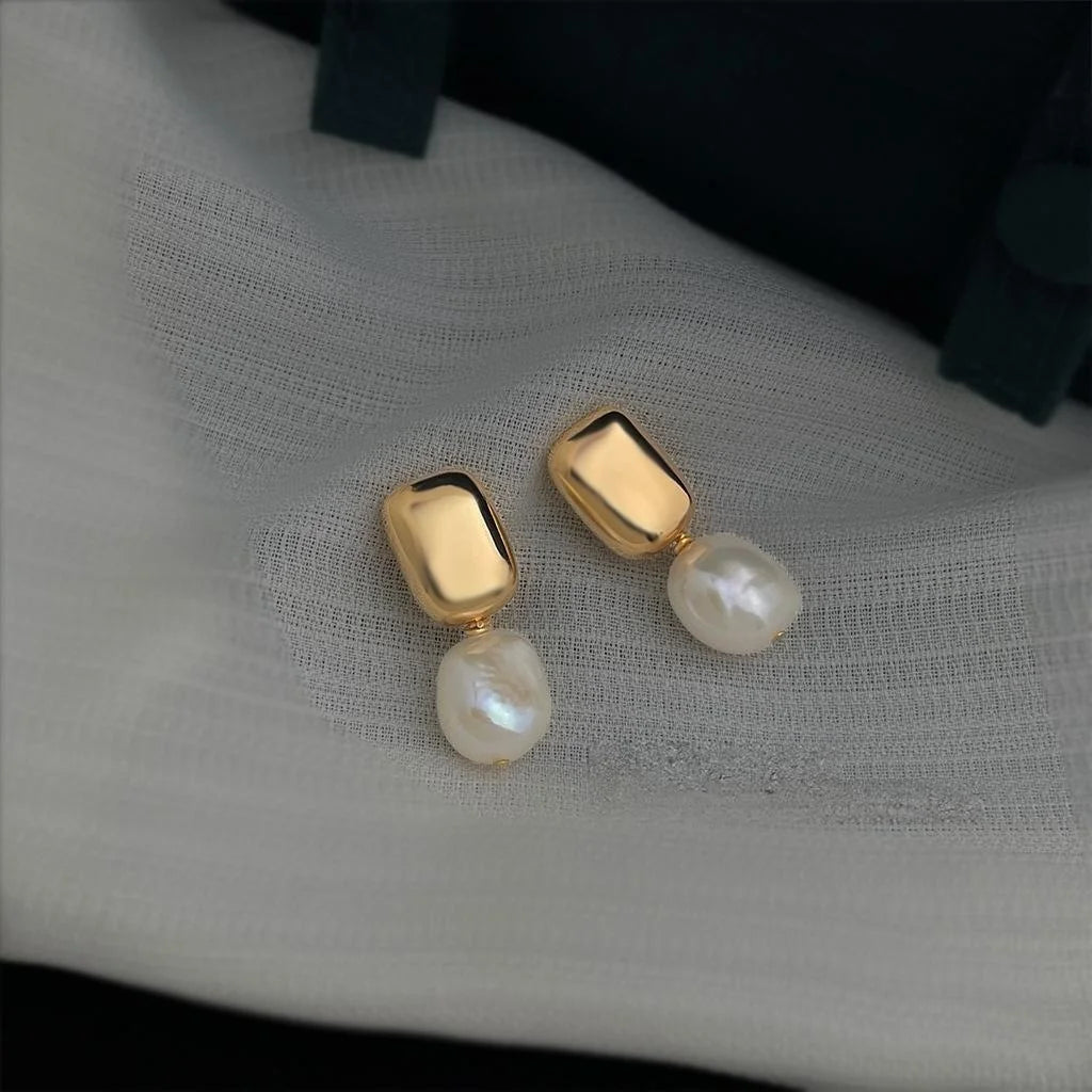 14K Gold Plated Copper Baroque Freshwater Pearl Irregular Geometric French Vintage Drop Earrings