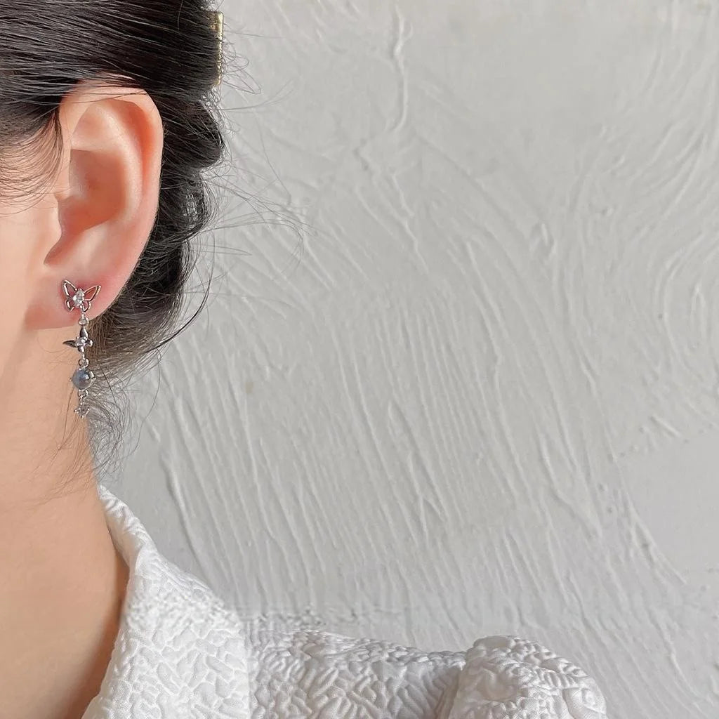 Micro Pave Zircon Butterfly Stud Earrings Asymmetric Sweet Cool Silver Plated Pin Jewelry