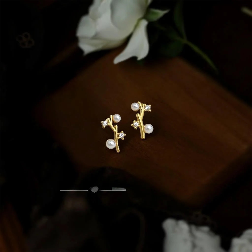 14K Plated Eco Copper Geometric Branch Line Zircon Stud Earrings For Women