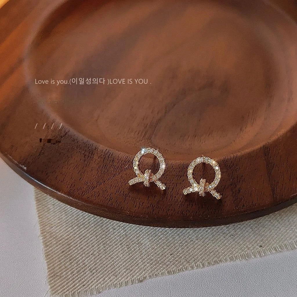 14K Plated Copper Rope Knot Geometric Zircon Stud Earrings, Mini Minimalist Korean Style
