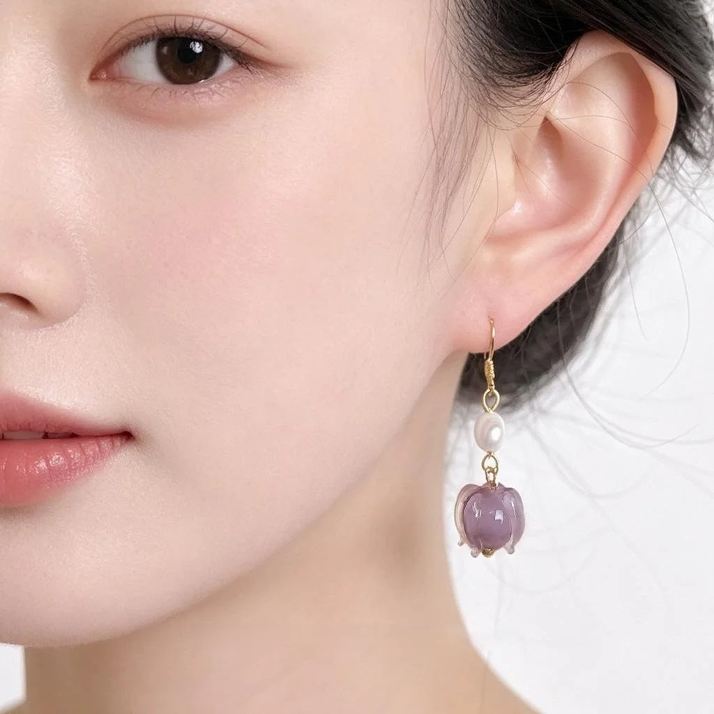 Vintage Chinese Style Freshwater Pearl Glazed Glass Lotus Flower Tassel Drop Earrings