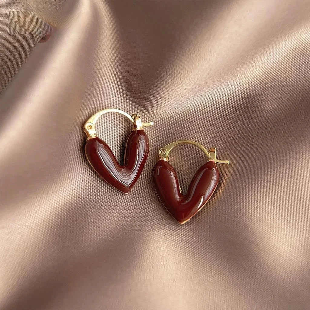 French Vintage Red Enamel Heart Drop Earrings Copper Fashion Jewelry