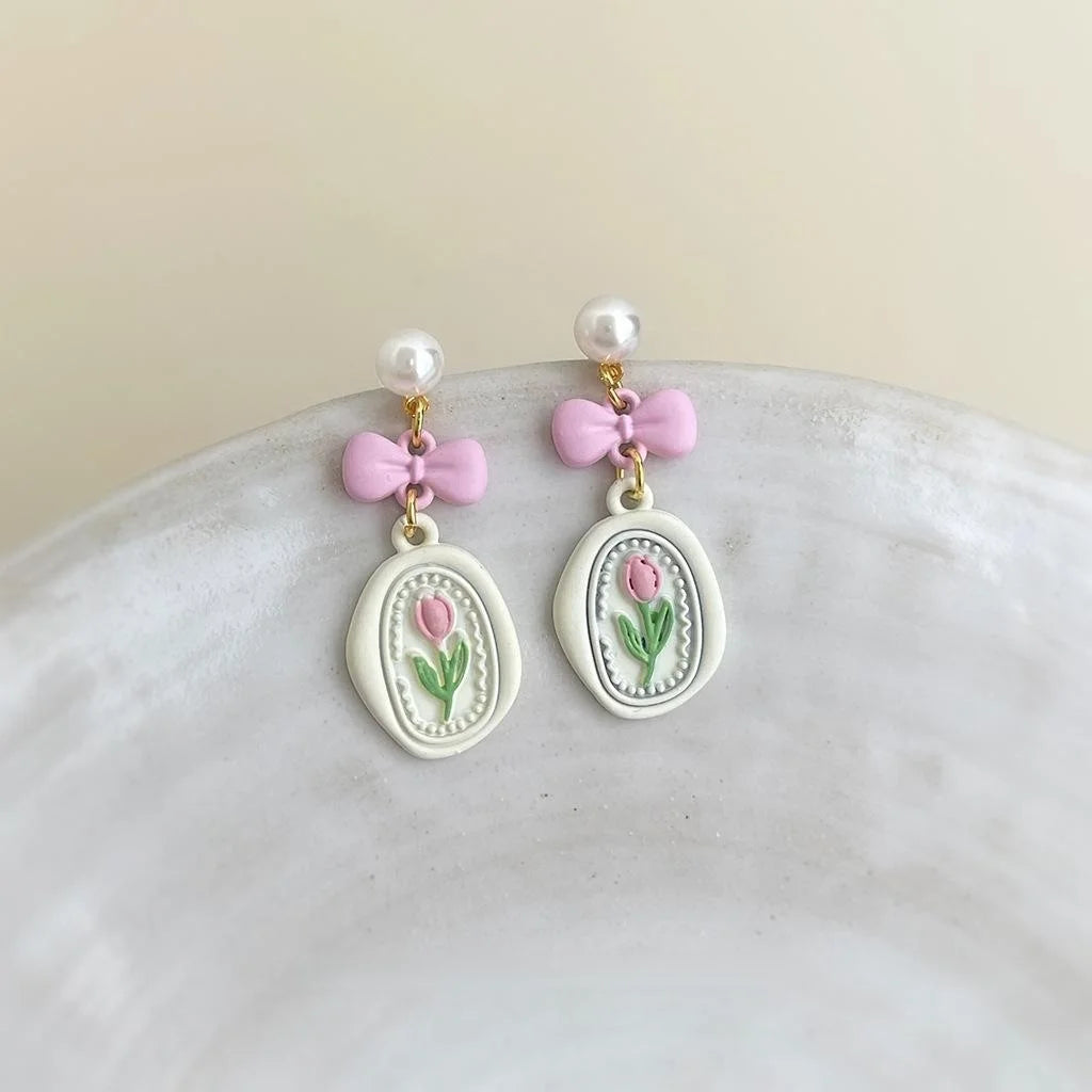 Sweet Fresh Pink Enamel Tulip Bow Flower Eco-Friendly Copper Drop Earrings For Women