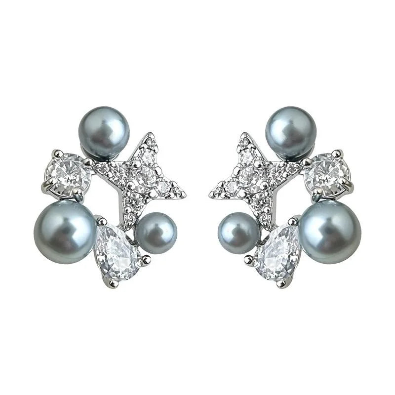 Micro Pave Zircon Six-Point Star Pearl Copper Stud Earrings Premium Minimalist Workwear