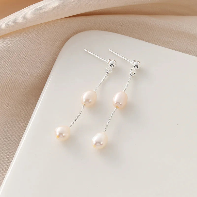 Elegant Freshwater Pearl Chain Tassel Spiral Disc Stud & Clip On No Piercing Long Drop Earrings