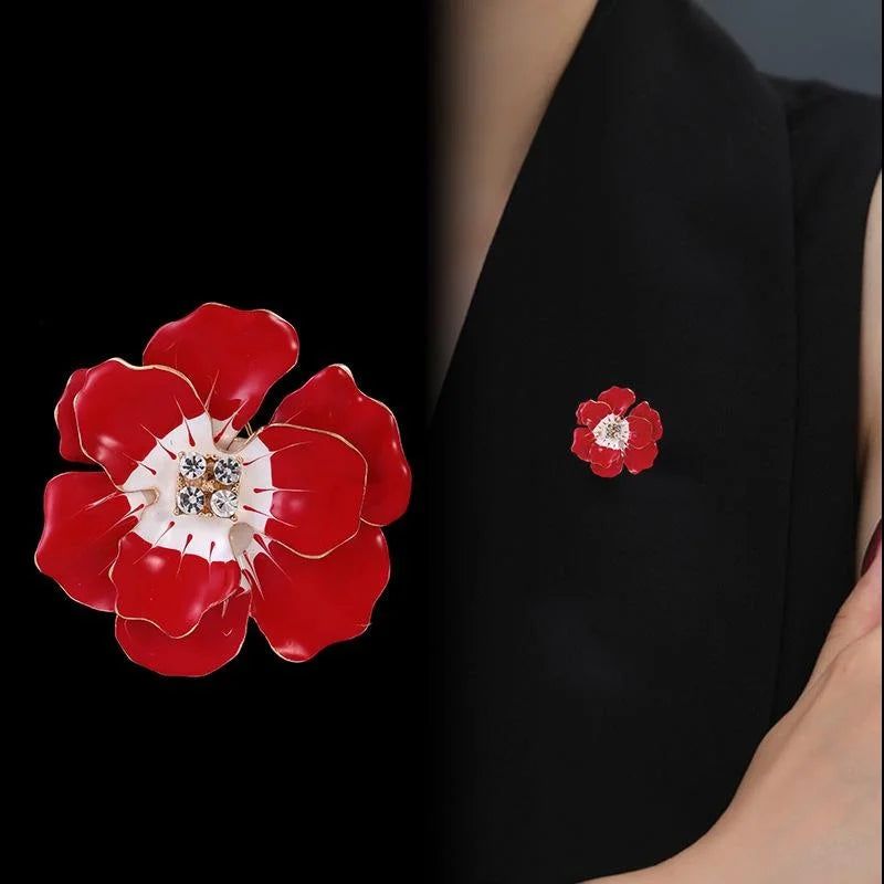 Elegant Red Enamel Peony Flower Brooch With Rhinestone Center, Alloy Lapel Pin Corsage Suit Accessory