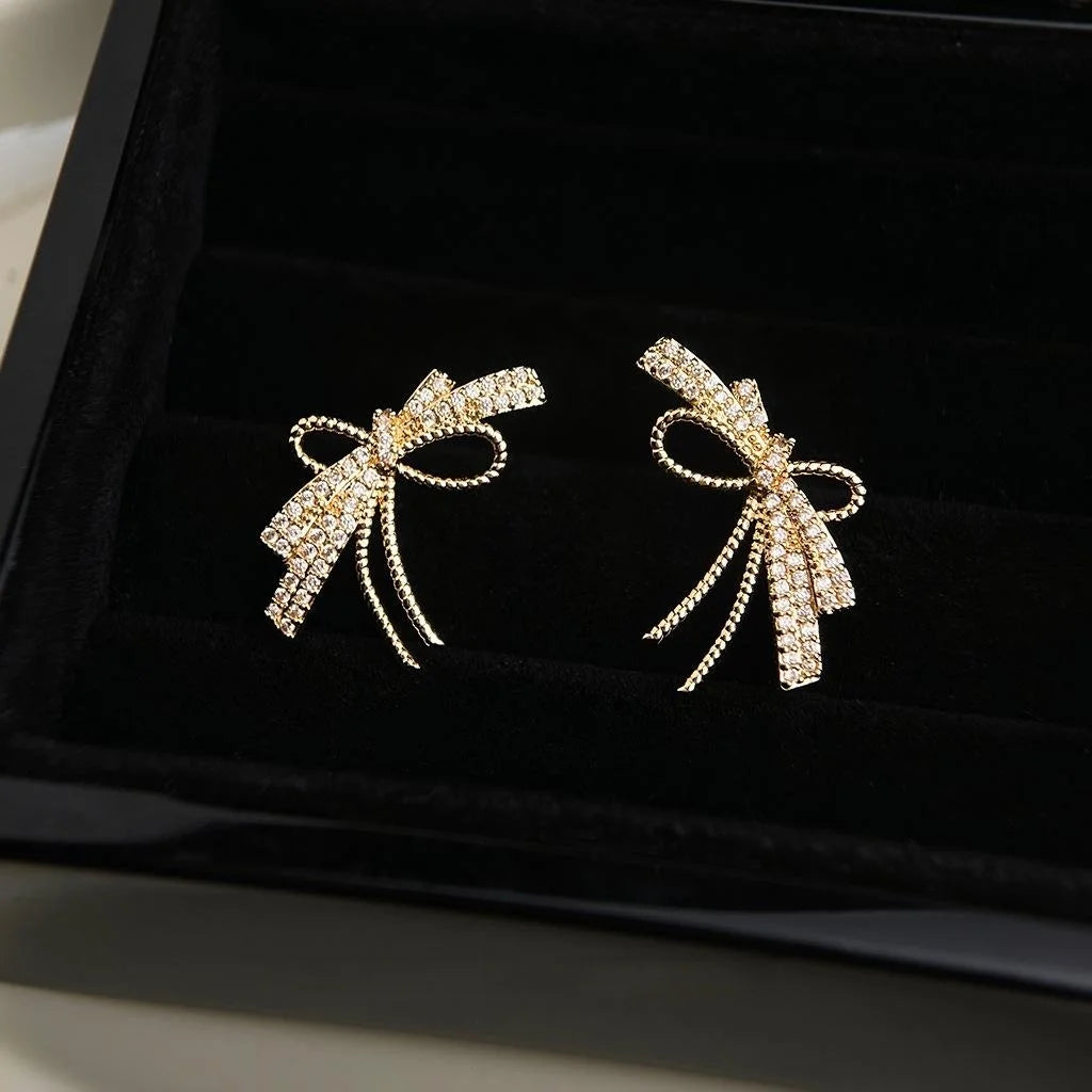 Micro Pave Zircon Bow Knot Stud Earrings Copper Minimalist Ribbon Design Versatile Jewelry