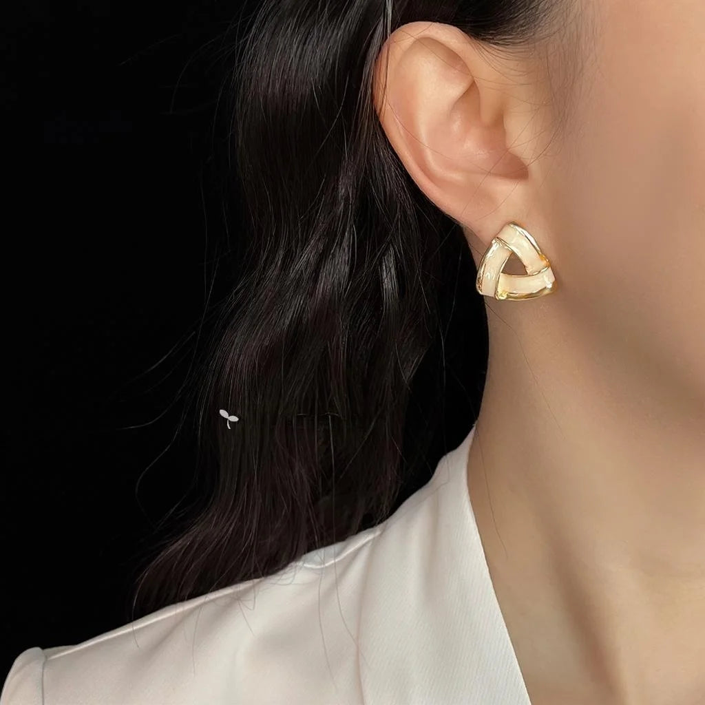 French Vintage Geometric Triangle Enamel Copper Stud Earrings, Light Luxury Silver Plated for Women