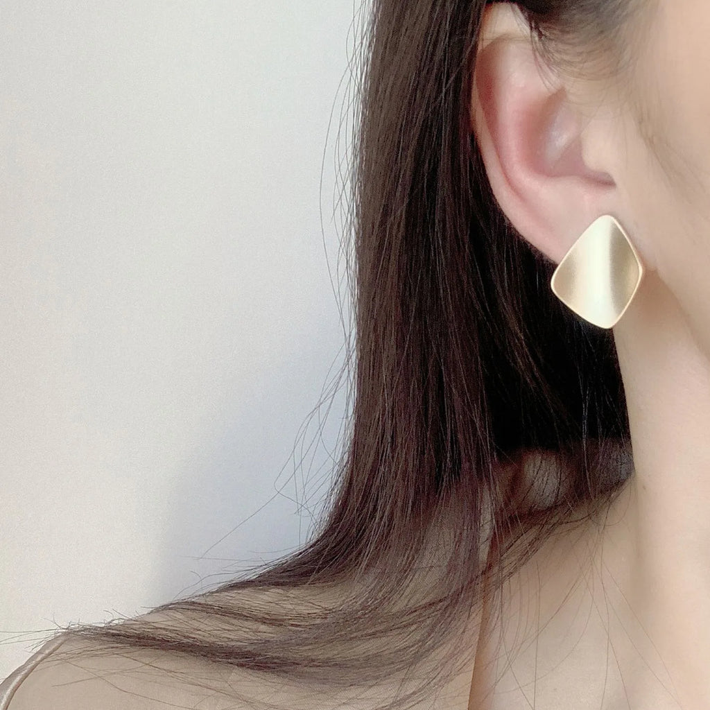 Vintage Hong Kong Style Matte Gold Alloy Diamond Square Stud & Clip On No Piercing Minimalist Earrings