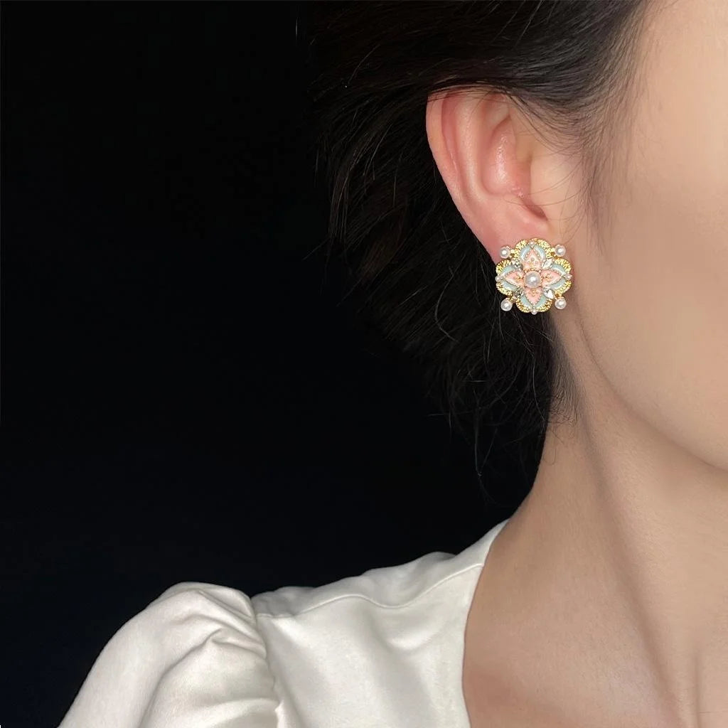 Artistic Vintage New Chinese Enamel Glazed Flower Copper Stud Earrings For Women