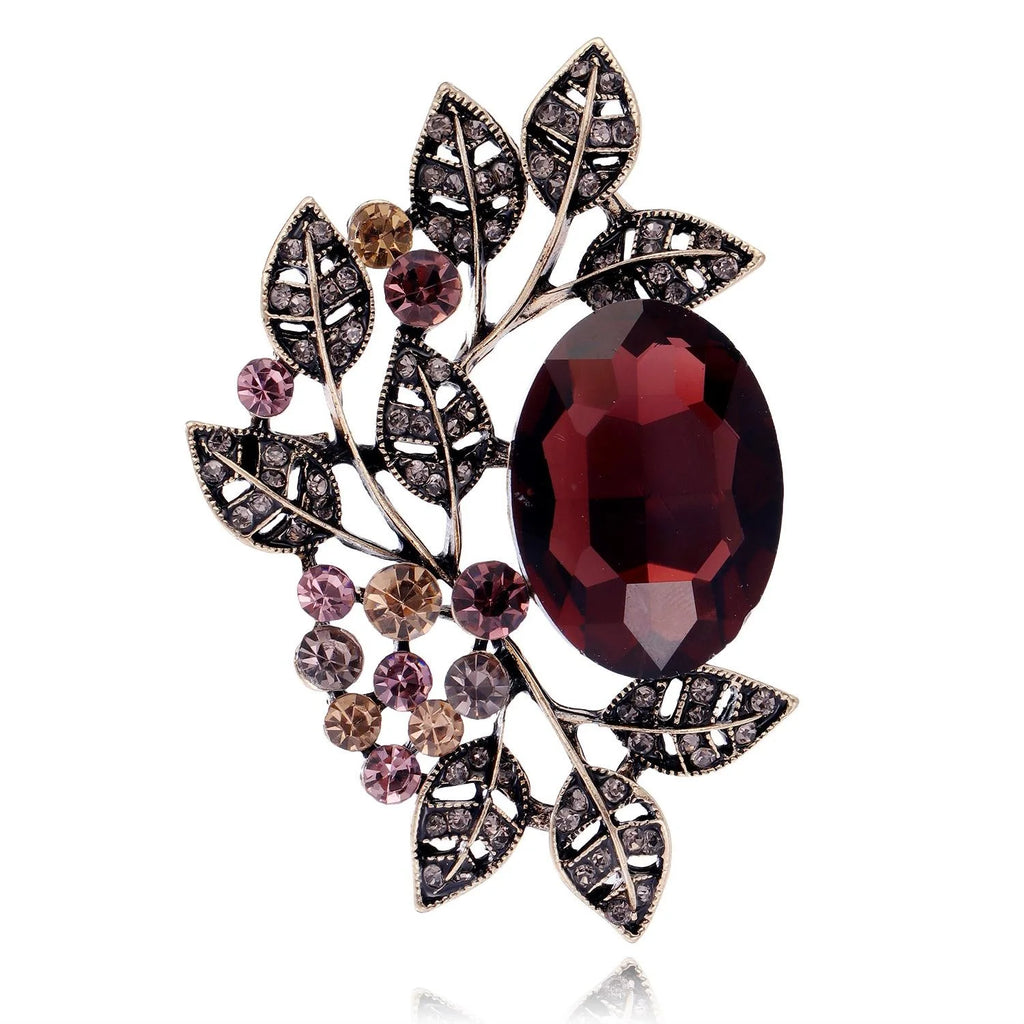 Vintage Olive Leaf Brooch With Blue Crystal And Rhinestone Alloy Branch, Elegant Lapel Pin Suit Accessory