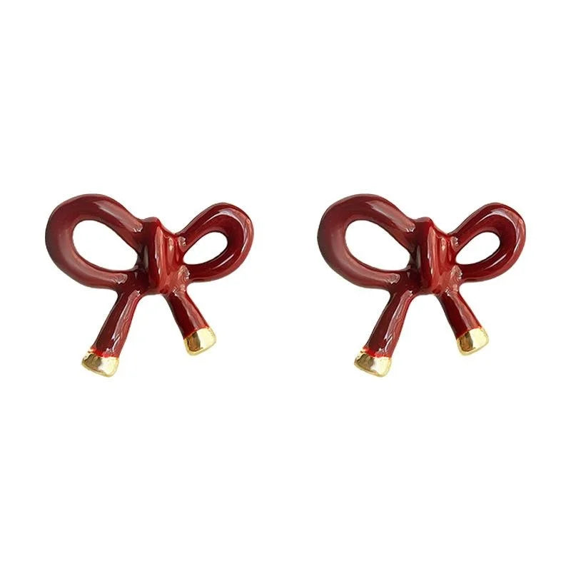 14K Gold Plated Copper Burgundy Enamel Bow Stud Earrings For Women High-End Fashion Jewelry