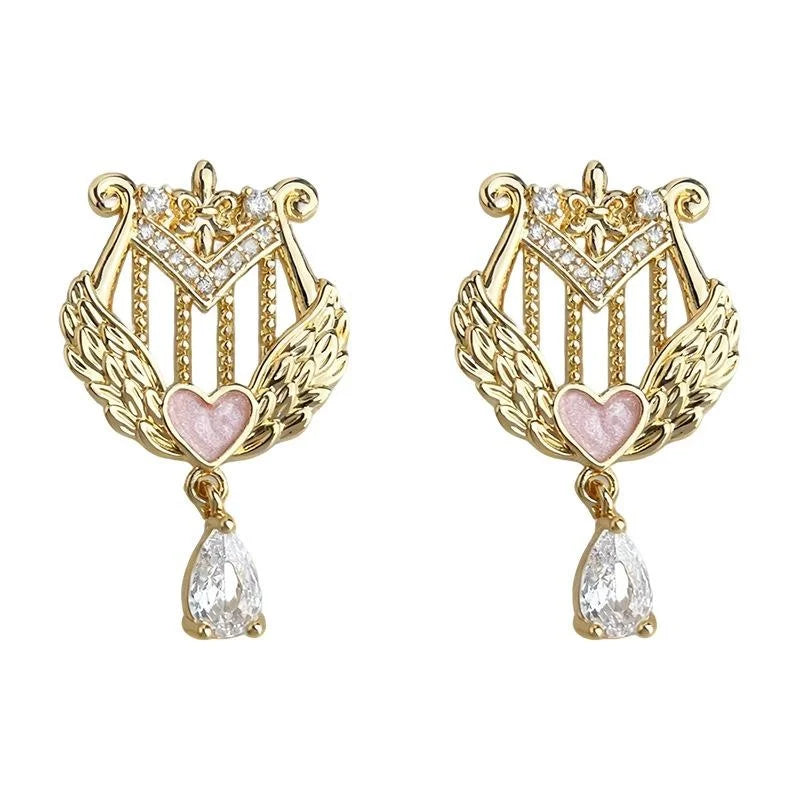 Original Harp Geometric Copper Zircon Drop Earrings, Style Designer Music Note Jewelry
