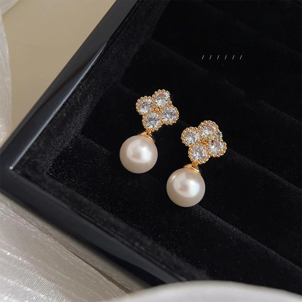 14K Gold Plated Copper Glass Pearl Flower Stud Earrings Elegant Micro Pave Zircon