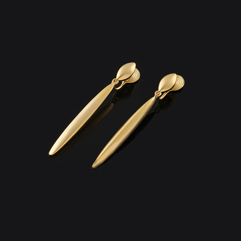 Elegant Minimalist Matte Gold Alloy Long Teardrop Line Dangle Stud & Clip On No Piercing Earrings