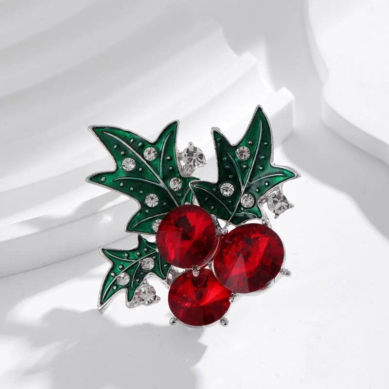Elegant Christmas Red Cherry Brooch With Green Enamel Holly Leaves Rhinestone Lapel Pin Suit Gift