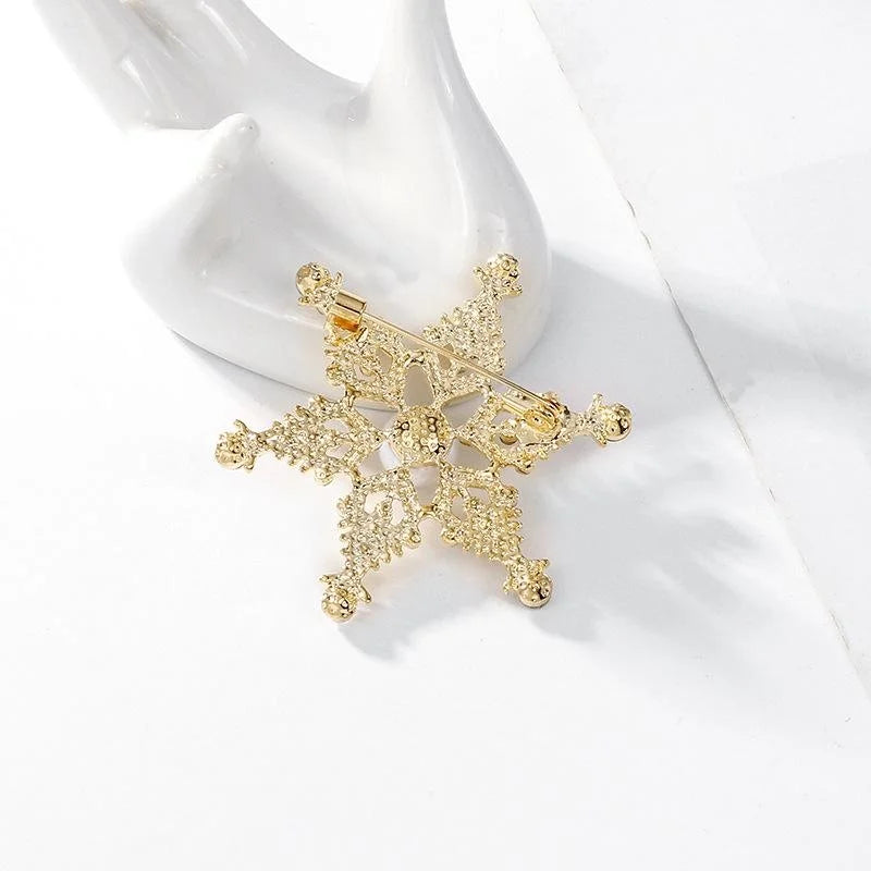 Elegant Alloy Rhinestone Snowflake Star Brooch With Faux Pearl Center, Luxury Lapel Pin Corsage Gift