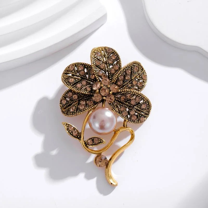Vintage Antique Gold Flower Brooch With Brown Rhinestones And Pearl, Elegant Floral Lapel Pin Suit Accessory