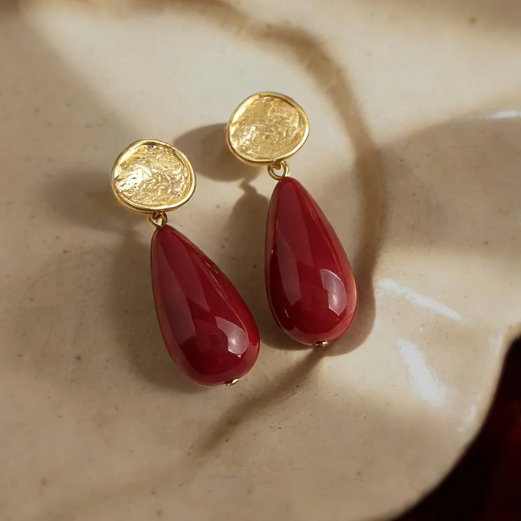 Vintage Hong Kong Style Burgundy Resin Teardrop Drop Earrings
